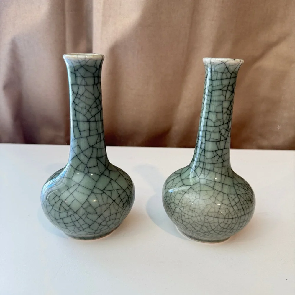 Antique Chineses Celadon Crackle Glaze Bud Vase Set of 2 Long Neck Ceramic